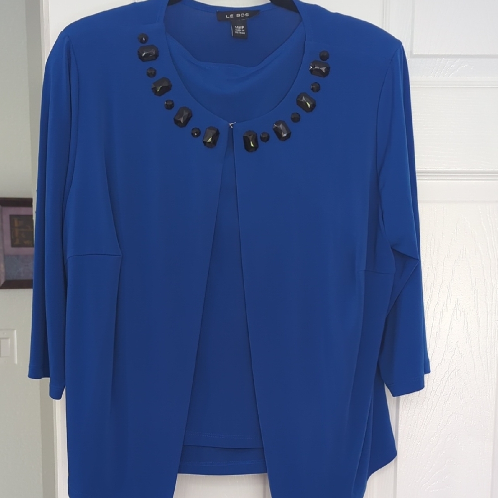 EUC 2Pcs Le Bos Royal Blue Jacket with Black Accents and Tank Top Size 14WP